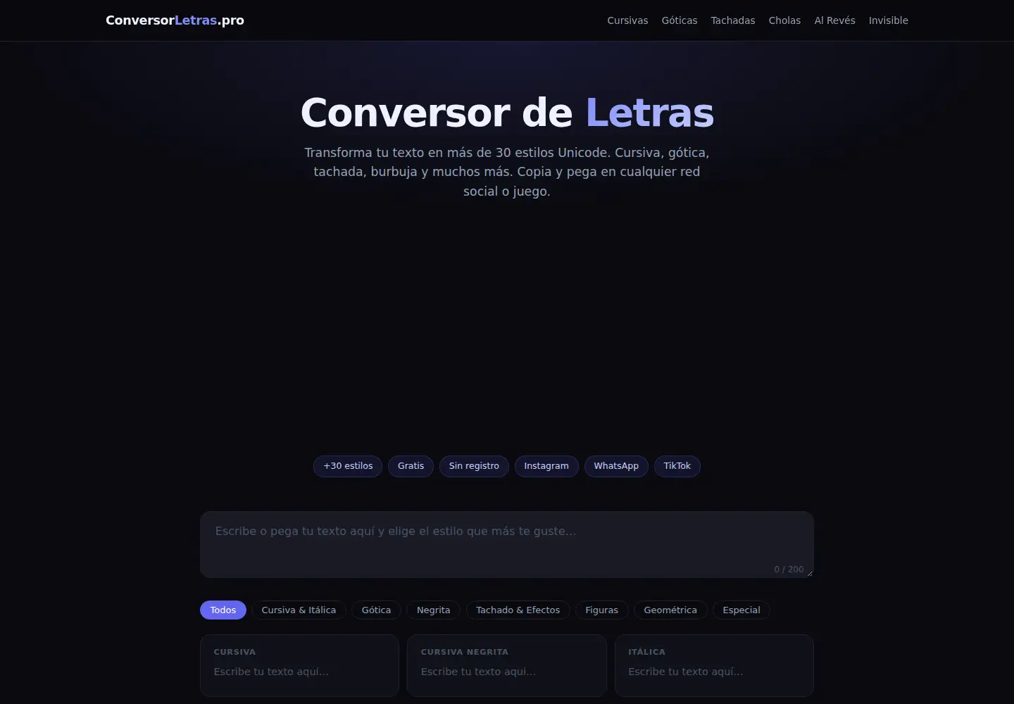 Captured homepage of conversorletras.pro in the current scan