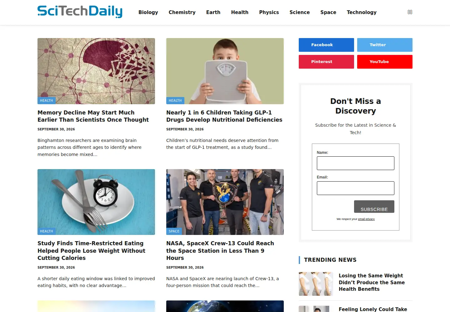 Screenshot of scitechdaily.com