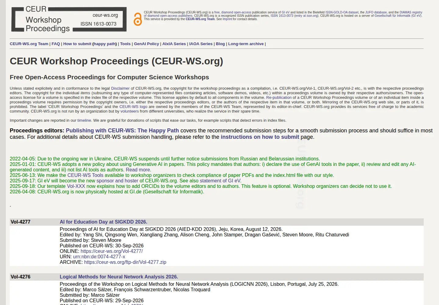 Screenshot of ceur-ws.org