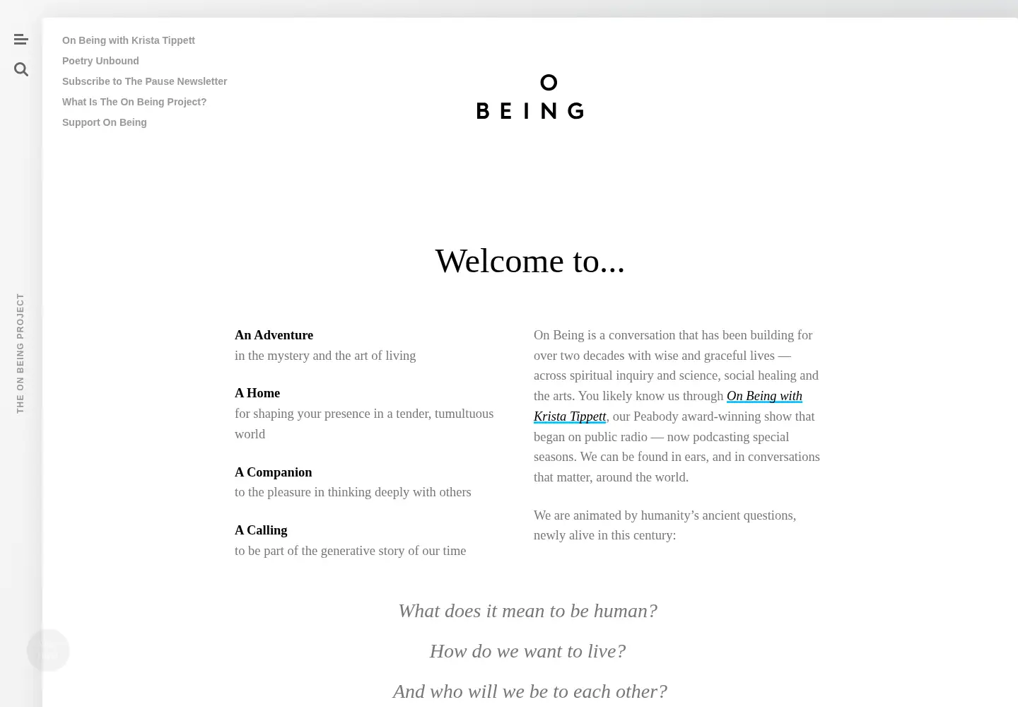 Captured homepage of onbeing.org in the current scan