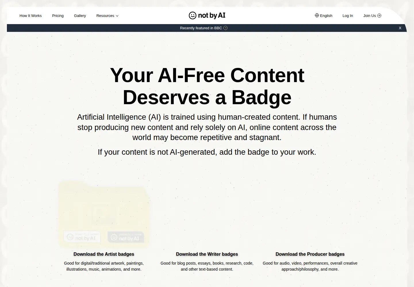 Screenshot of notbyai.fyi