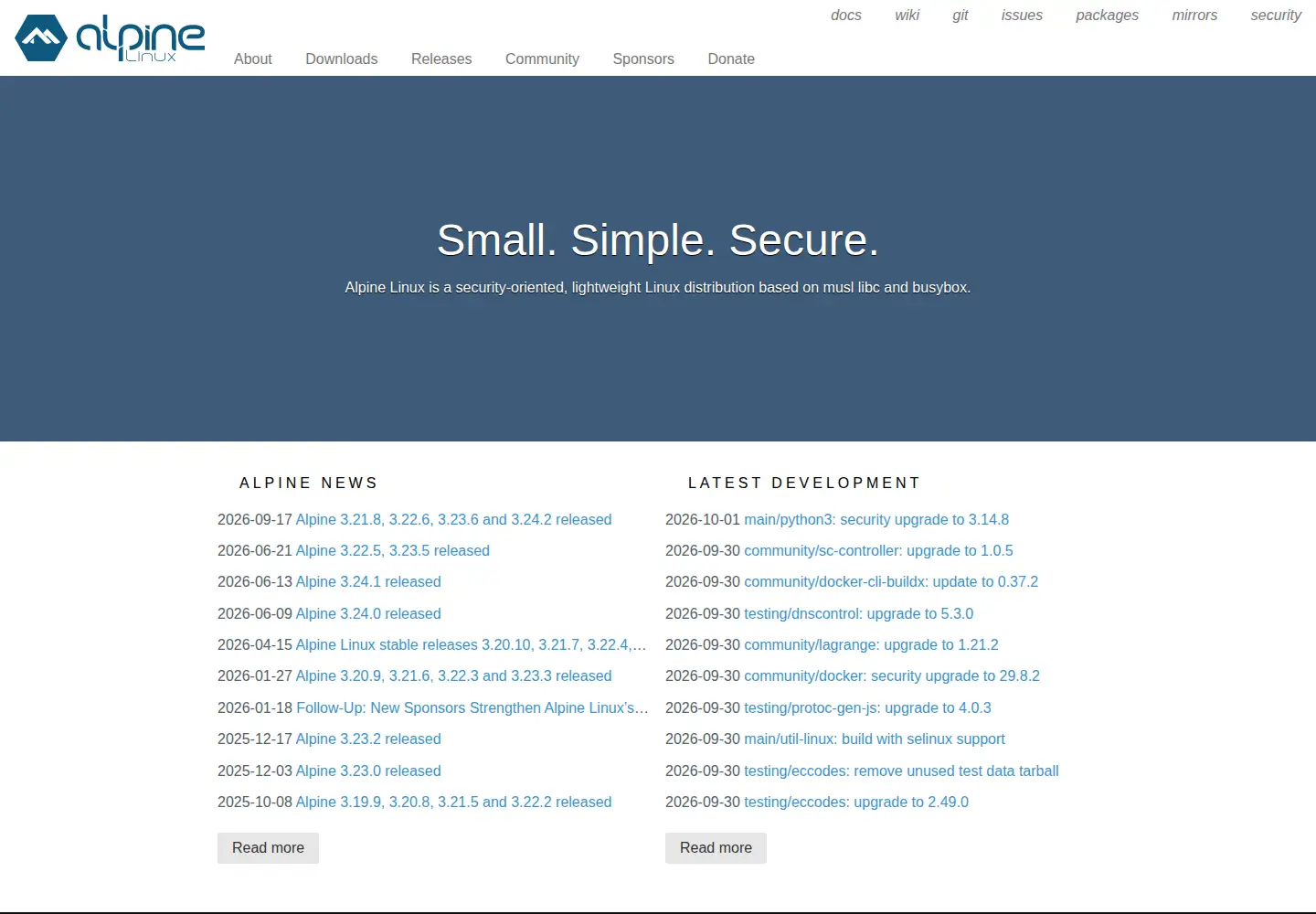 Screenshot of alpinelinux.org