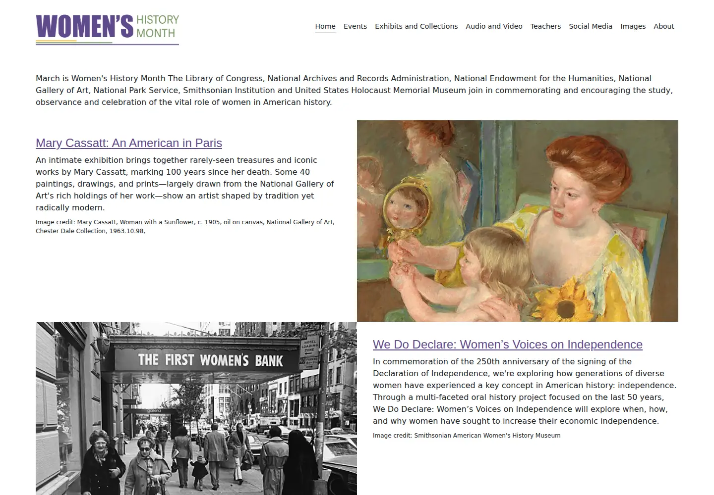 Screenshot of womenshistorymonth.gov