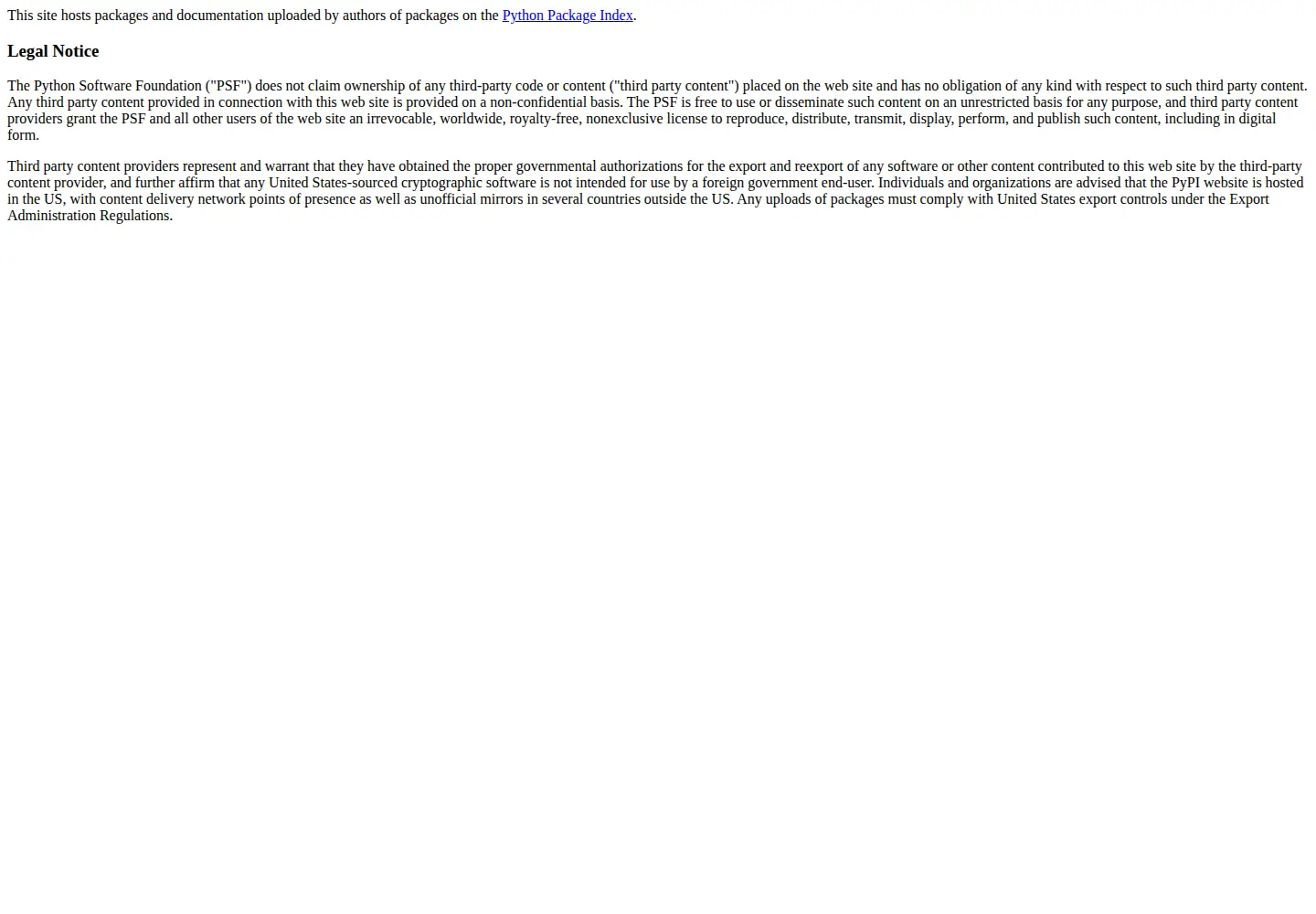 Screenshot of pythonhosted.org