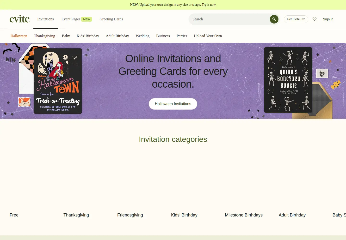 Screenshot of evite.com