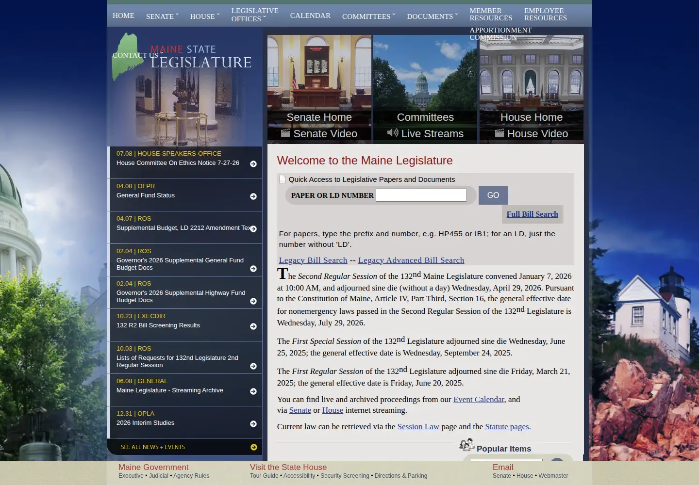Captured homepage of mainelegislature.org in the current scan