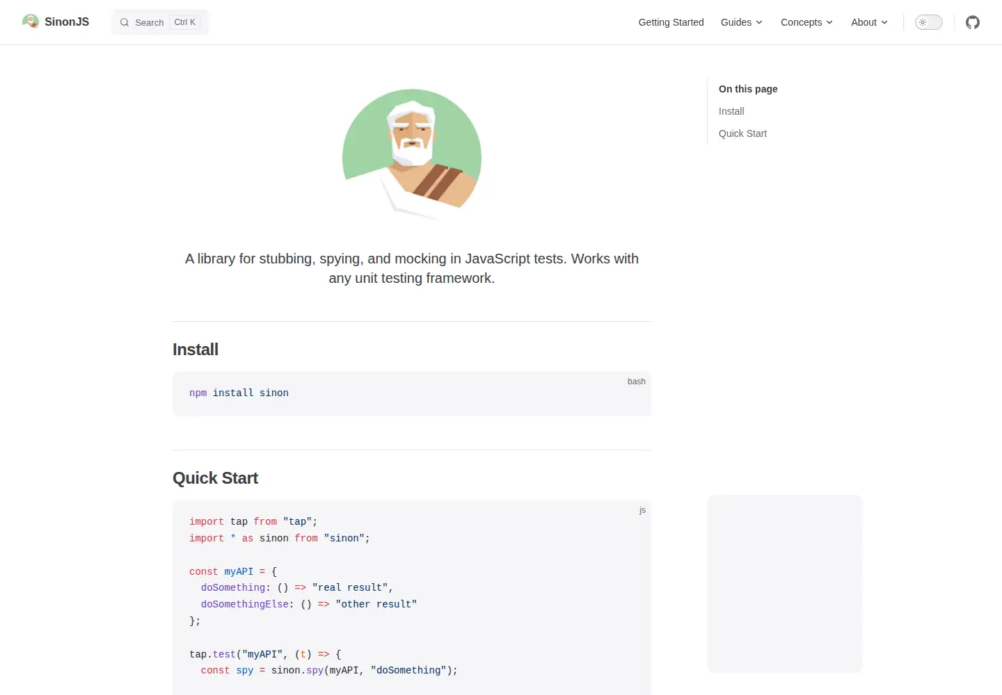 Screenshot of sinonjs.org