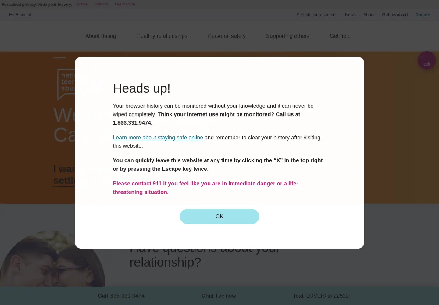 Screenshot of loveisrespect.org