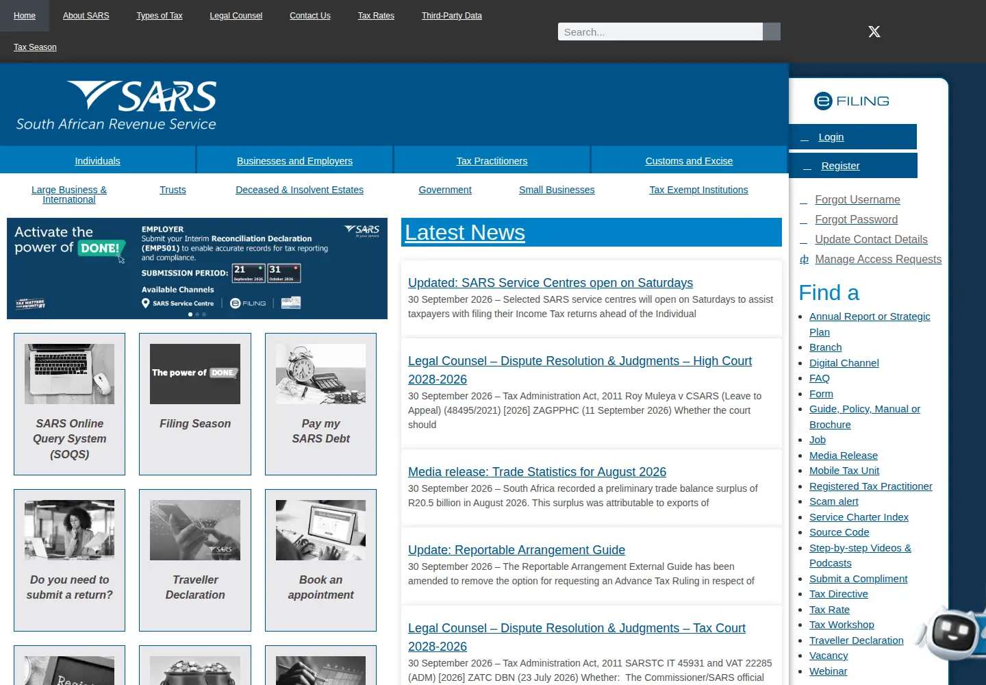 Screenshot of sars.gov.za