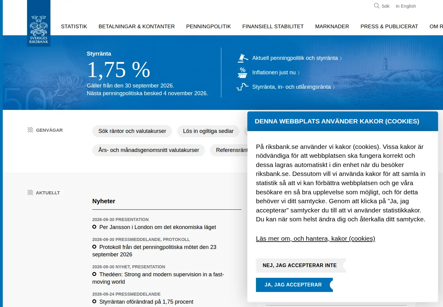 Screenshot of riksbank.se