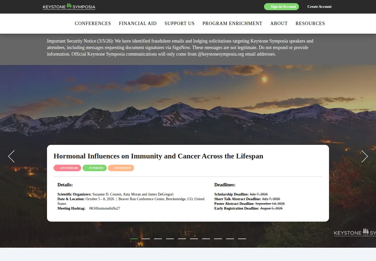 Screenshot of keystonesymposia.org