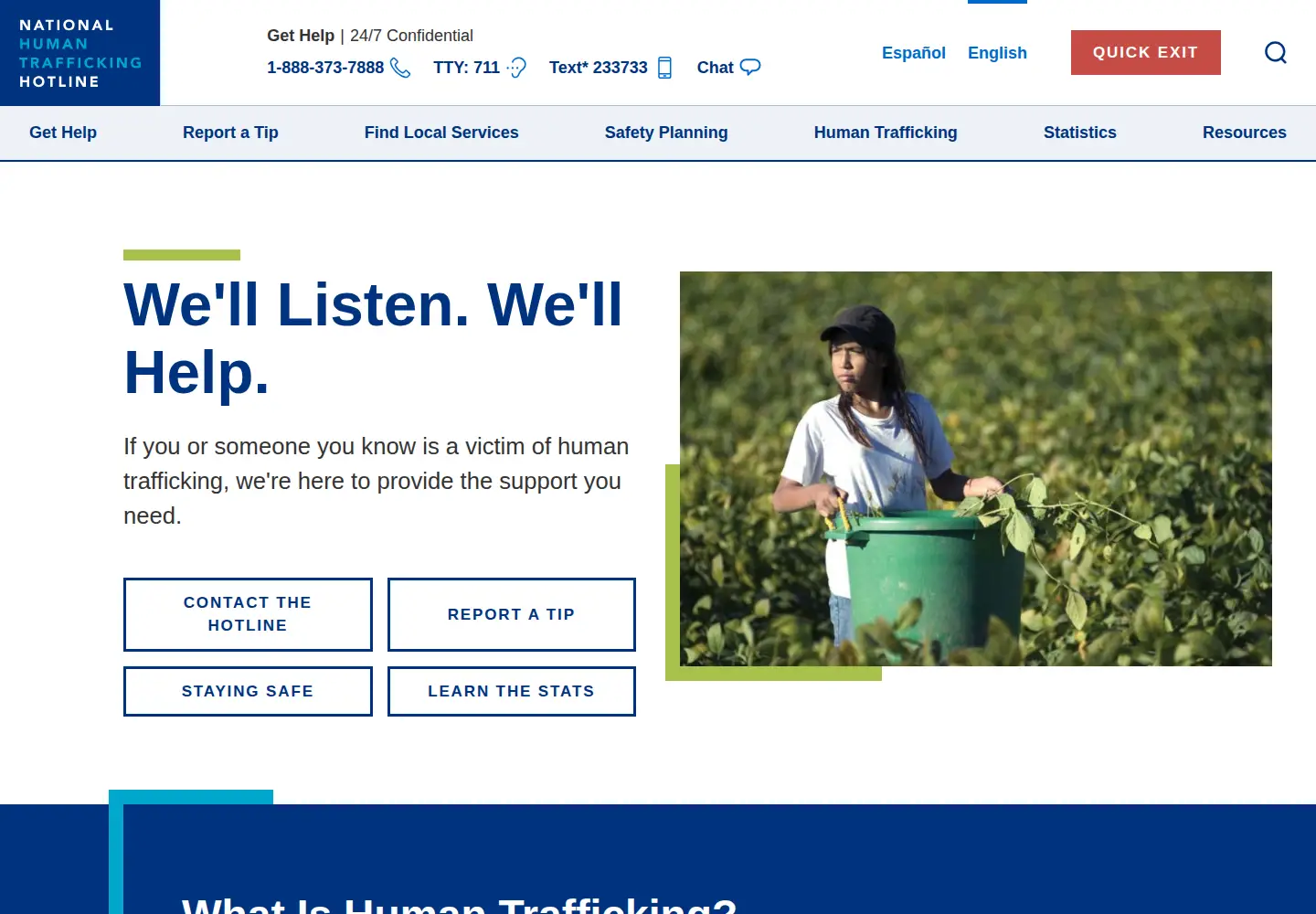 Screenshot of humantraffickinghotline.org