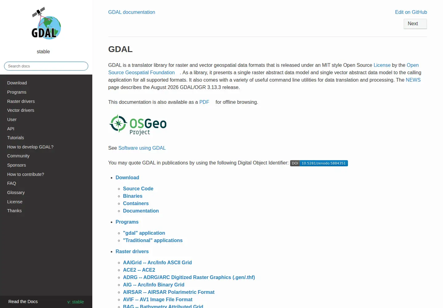 Screenshot of gdal.org