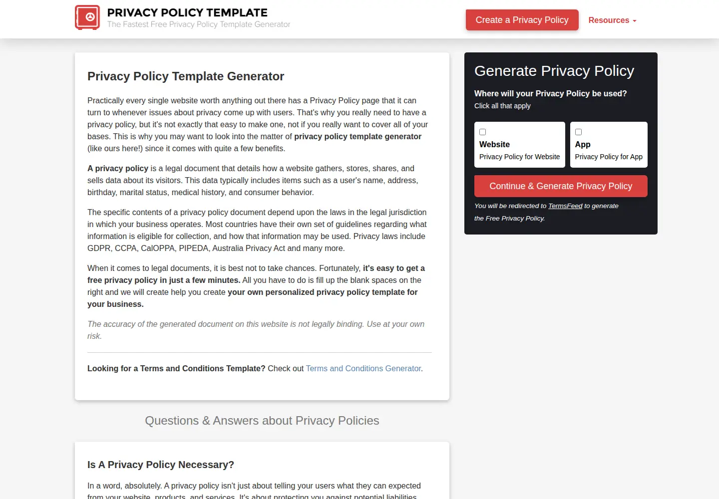 Screenshot of privacypolicytemplate.net