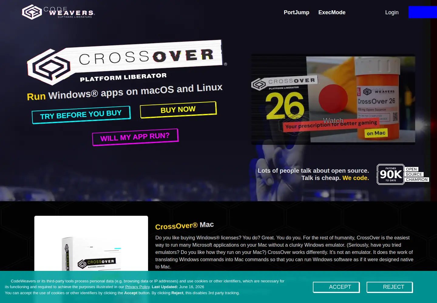 Screenshot of codeweavers.com