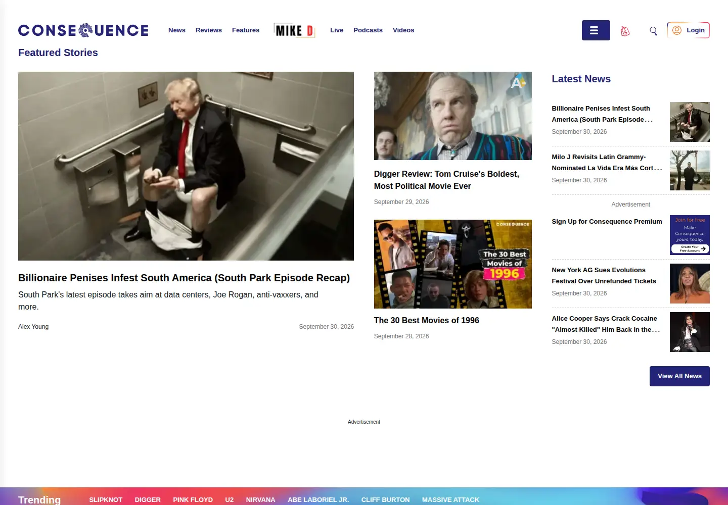 Screenshot of consequence.net
