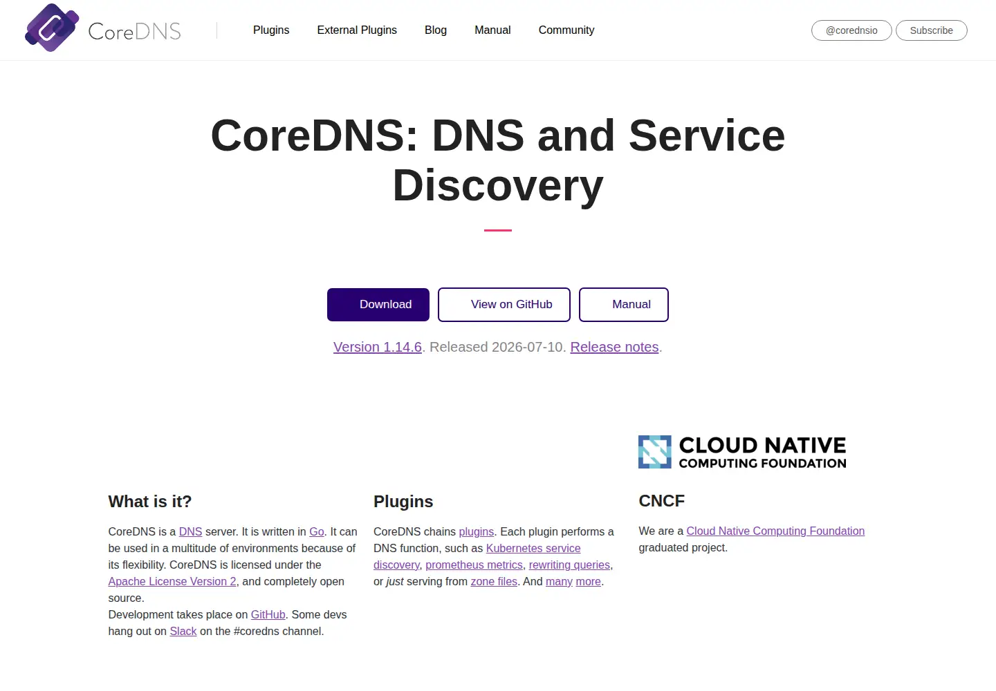 Screenshot of coredns.io