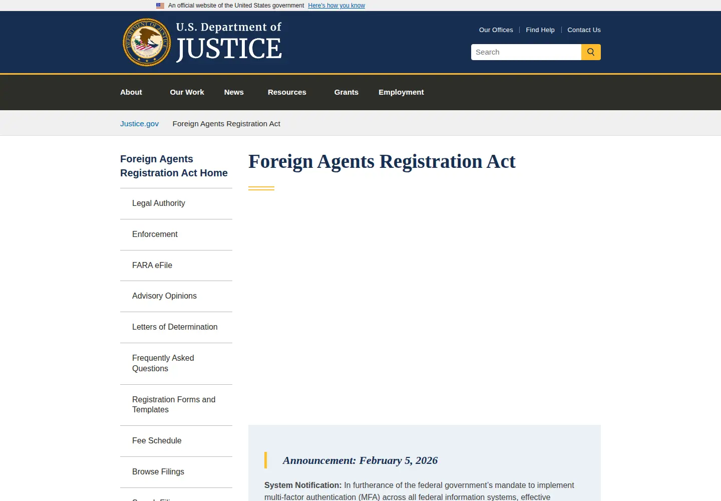 Screenshot of fara.gov