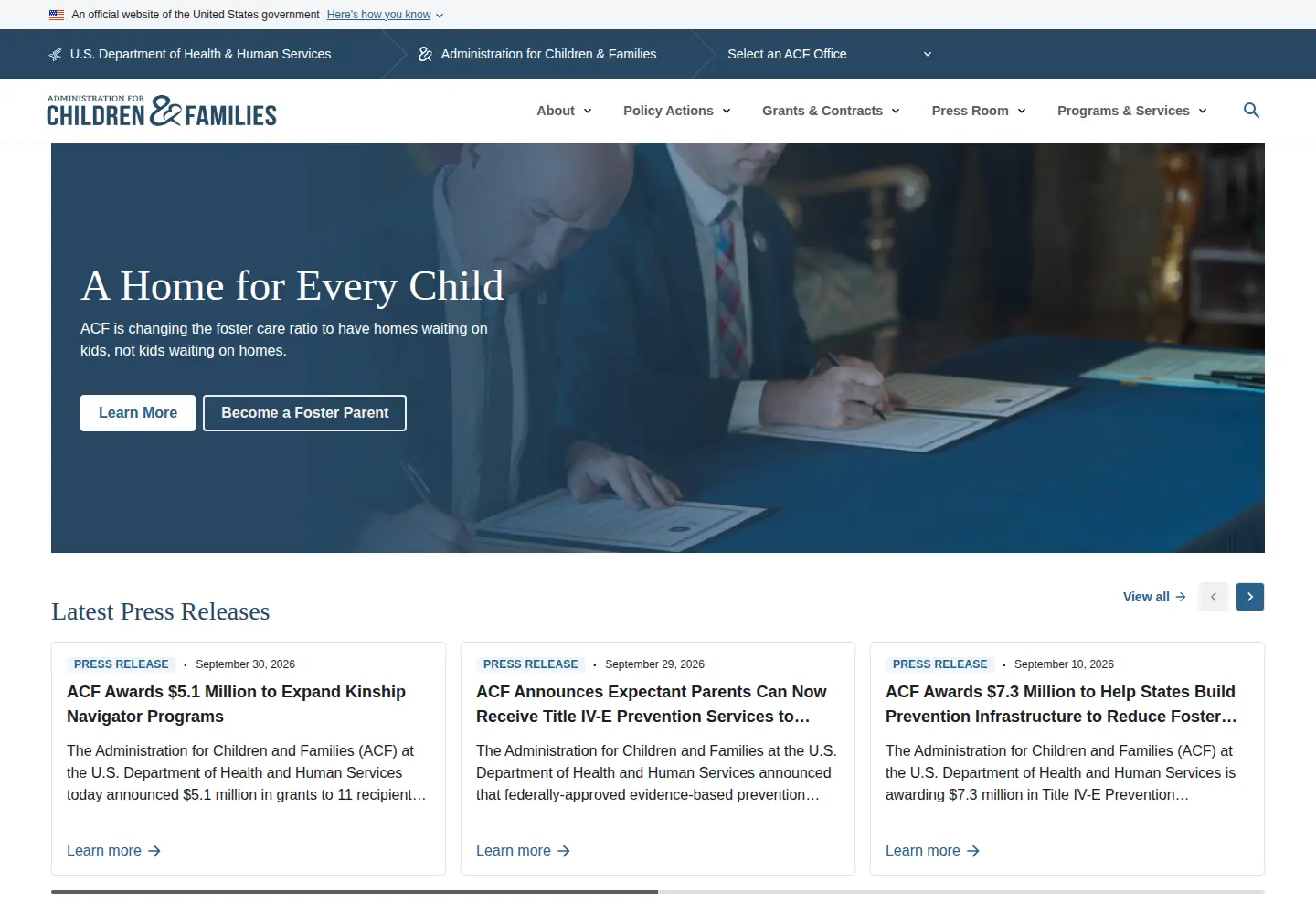 Screenshot of acf.gov