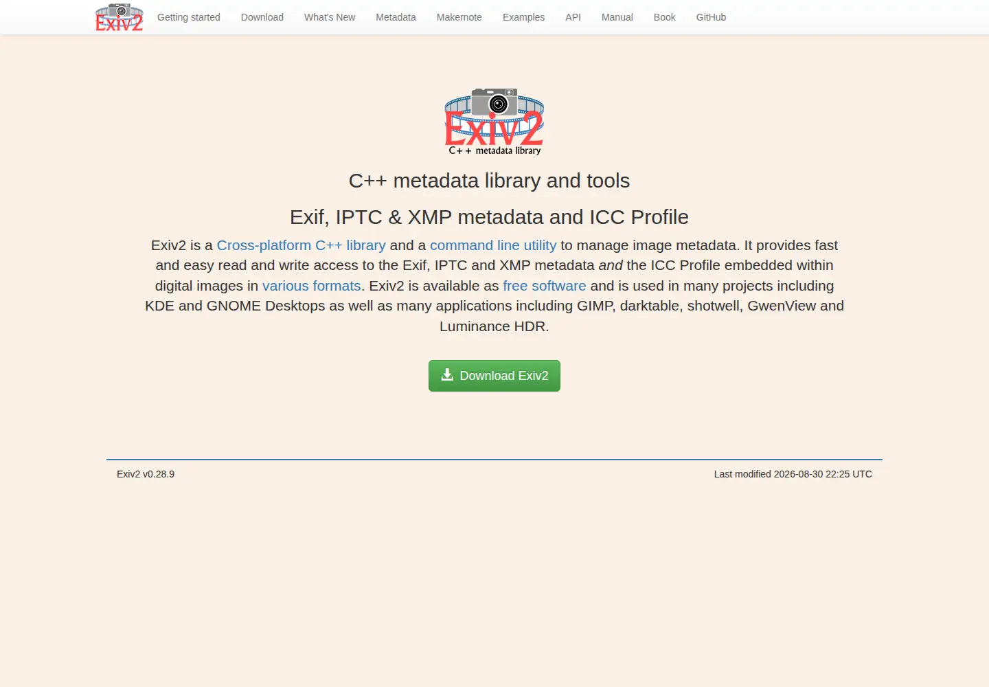 Screenshot of exiv2.org
