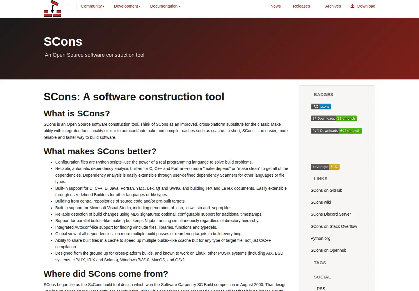 Screenshot of scons.org