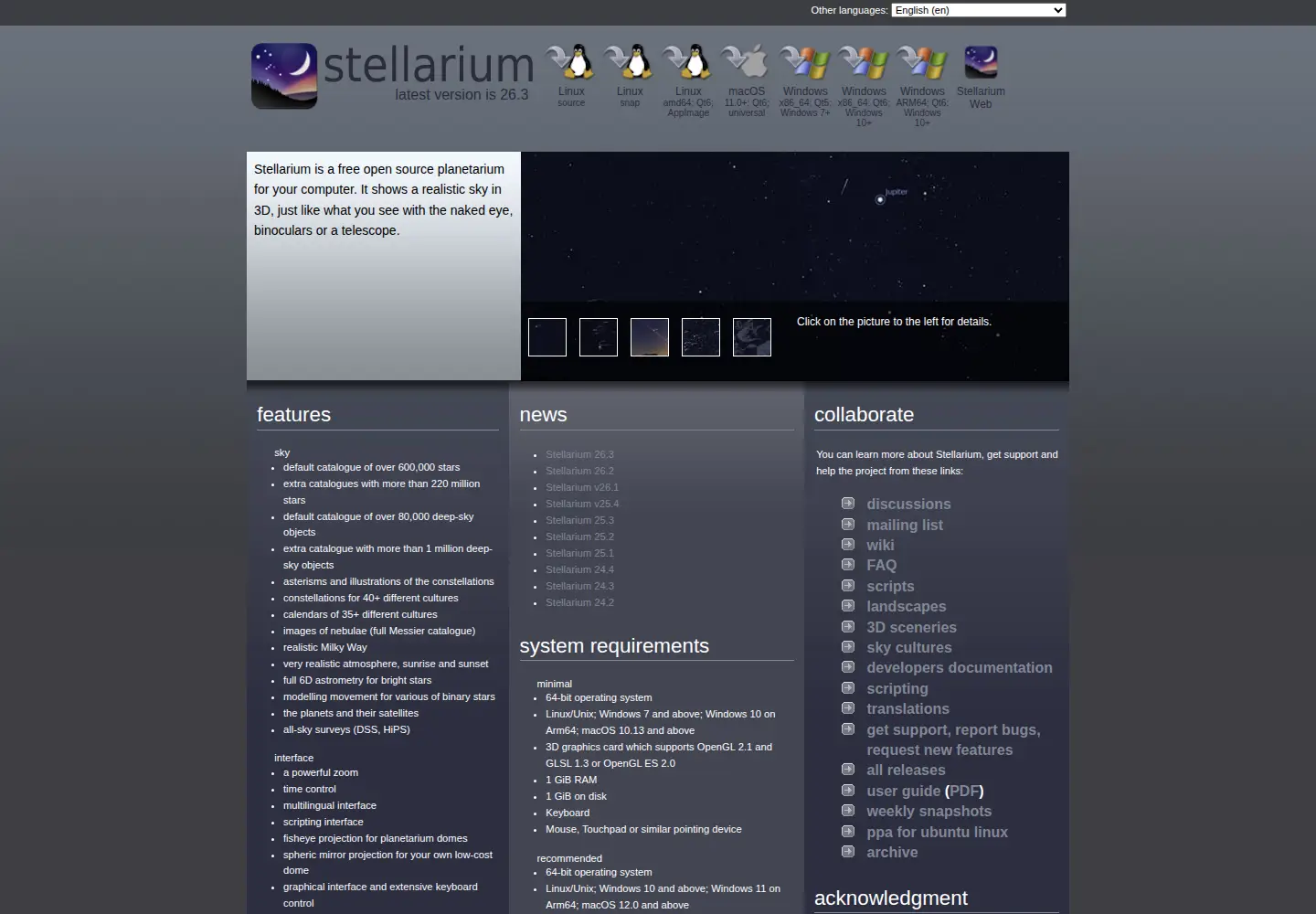 Screenshot of stellarium.org