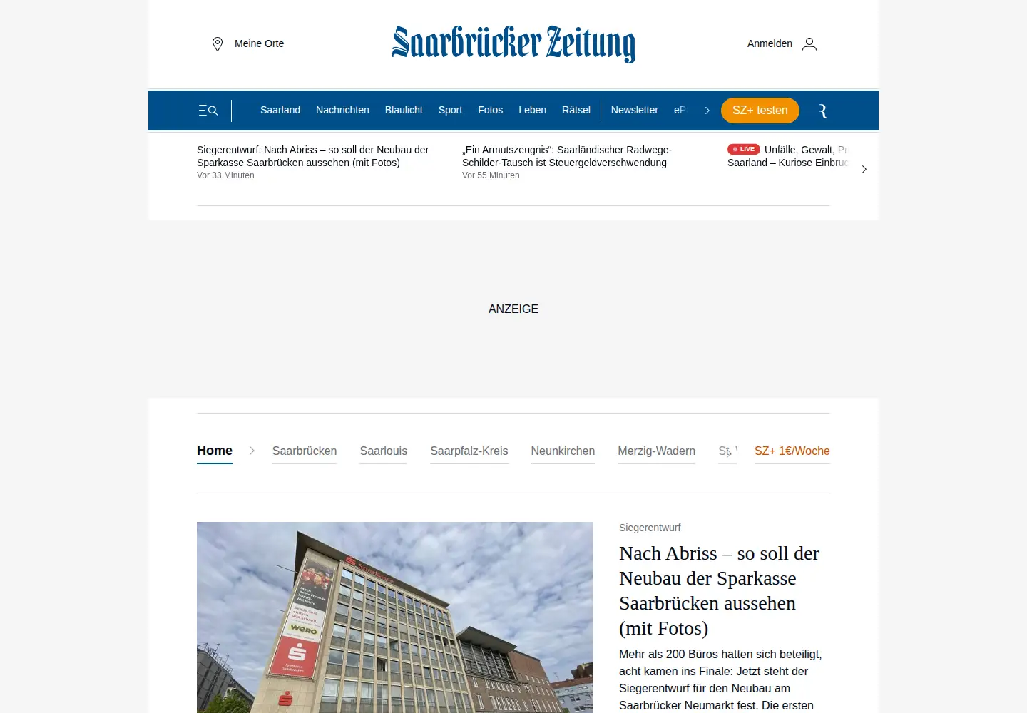 Screenshot of saarbruecker-zeitung.de