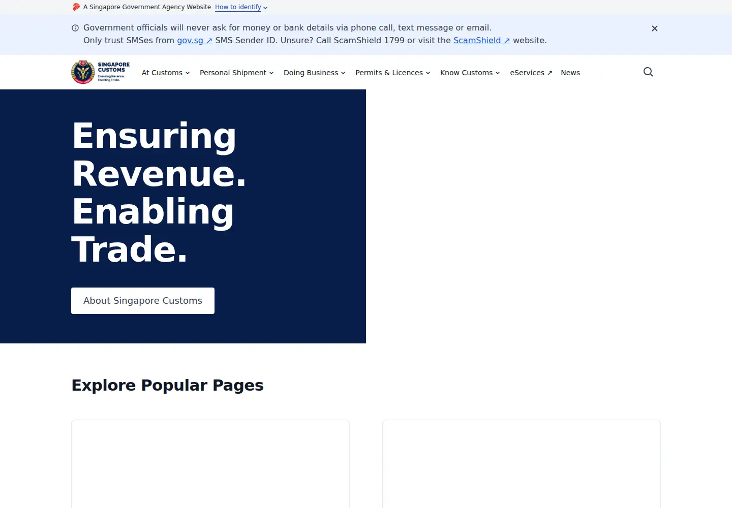 Screenshot of customs.gov.sg