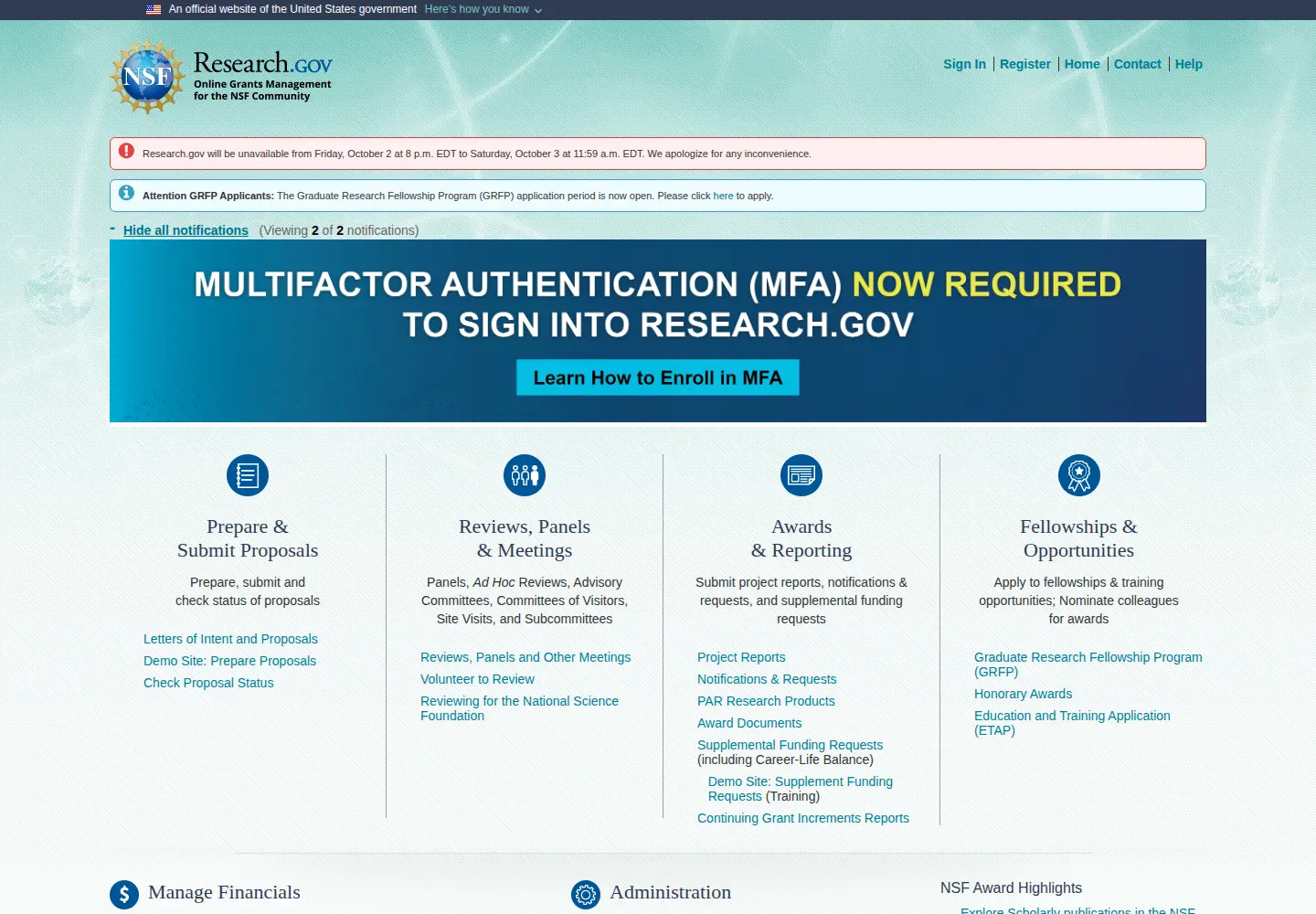 Screenshot of research.gov