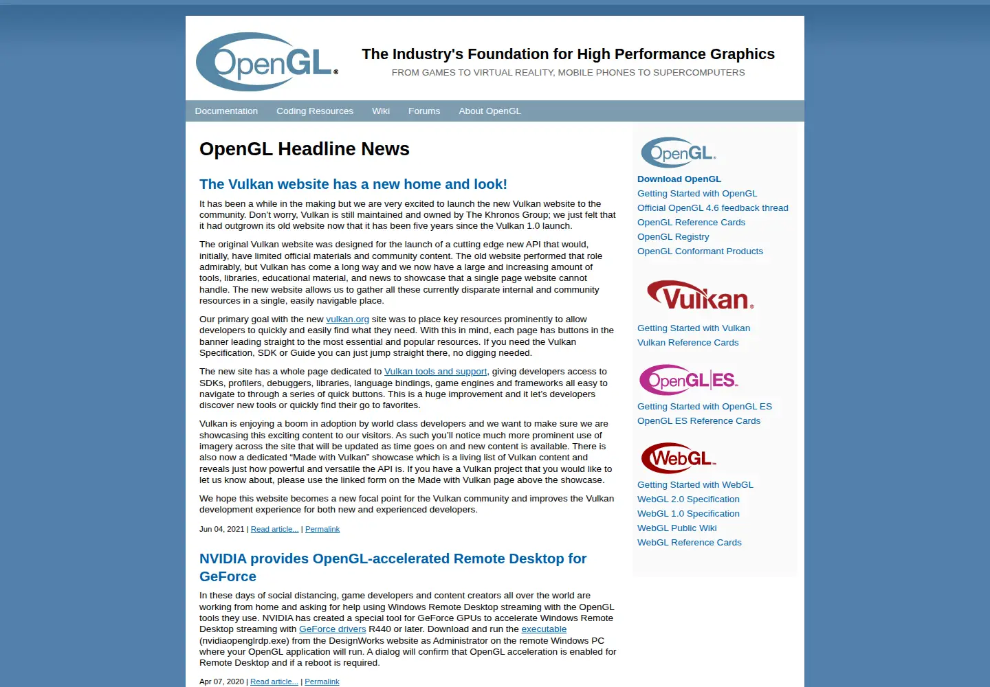 Screenshot of opengl.org