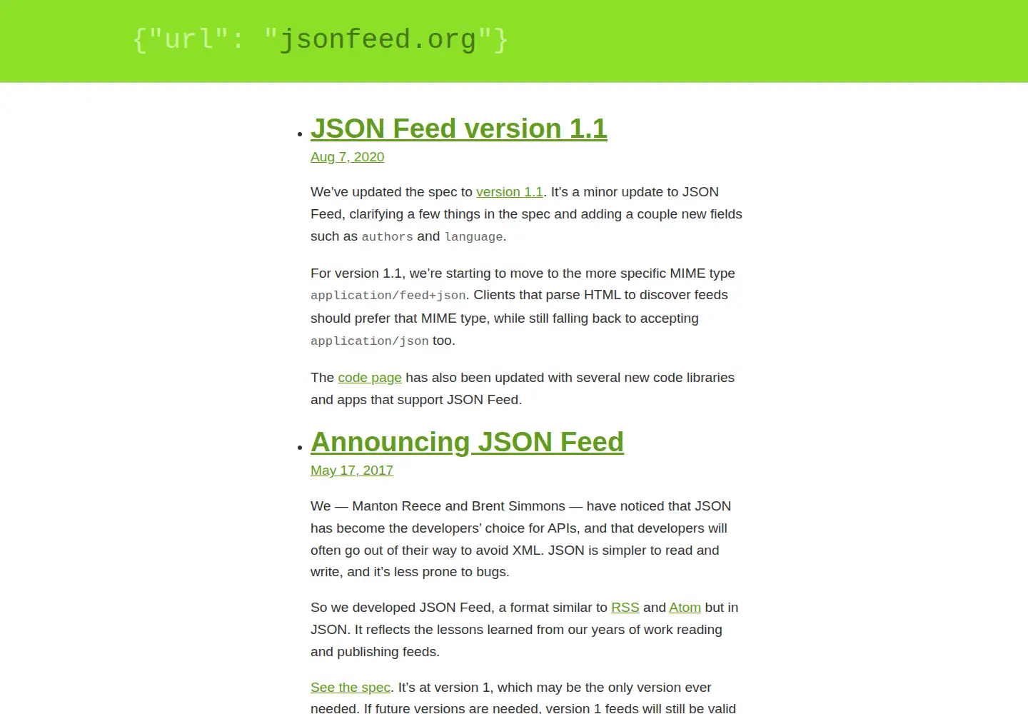 Screenshot of jsonfeed.org