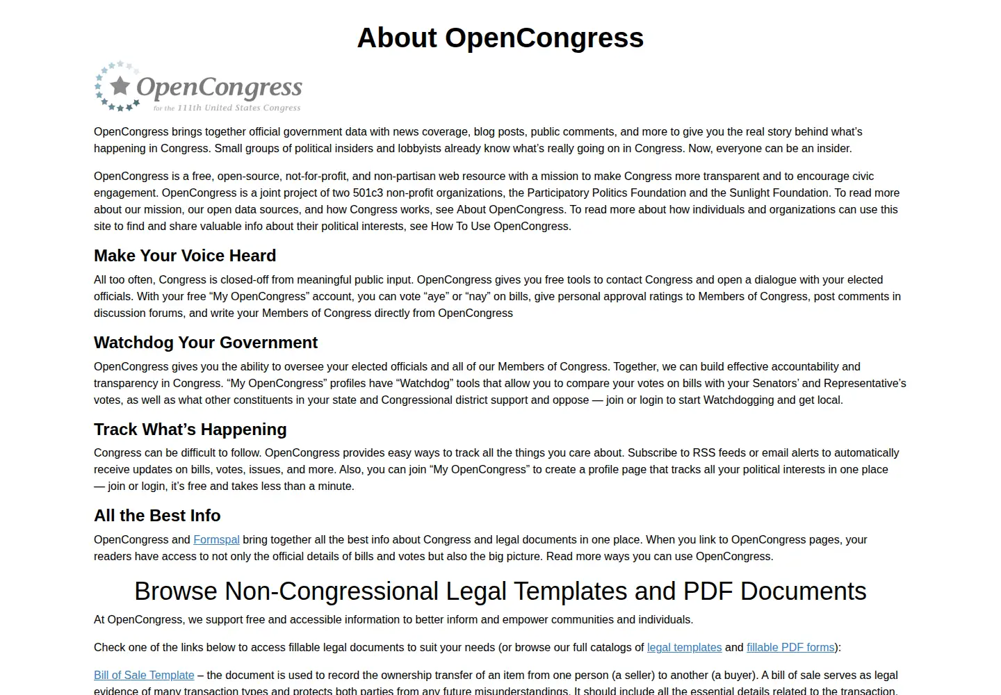 Captured homepage of opencongress.org in the current scan
