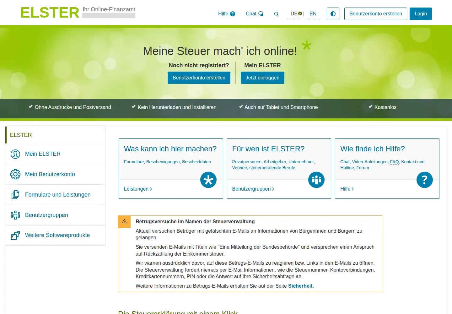 Screenshot of elster.de