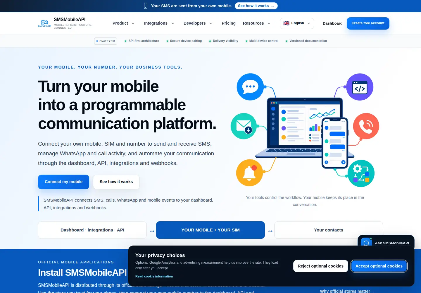 Screenshot of smsmobileapi.com