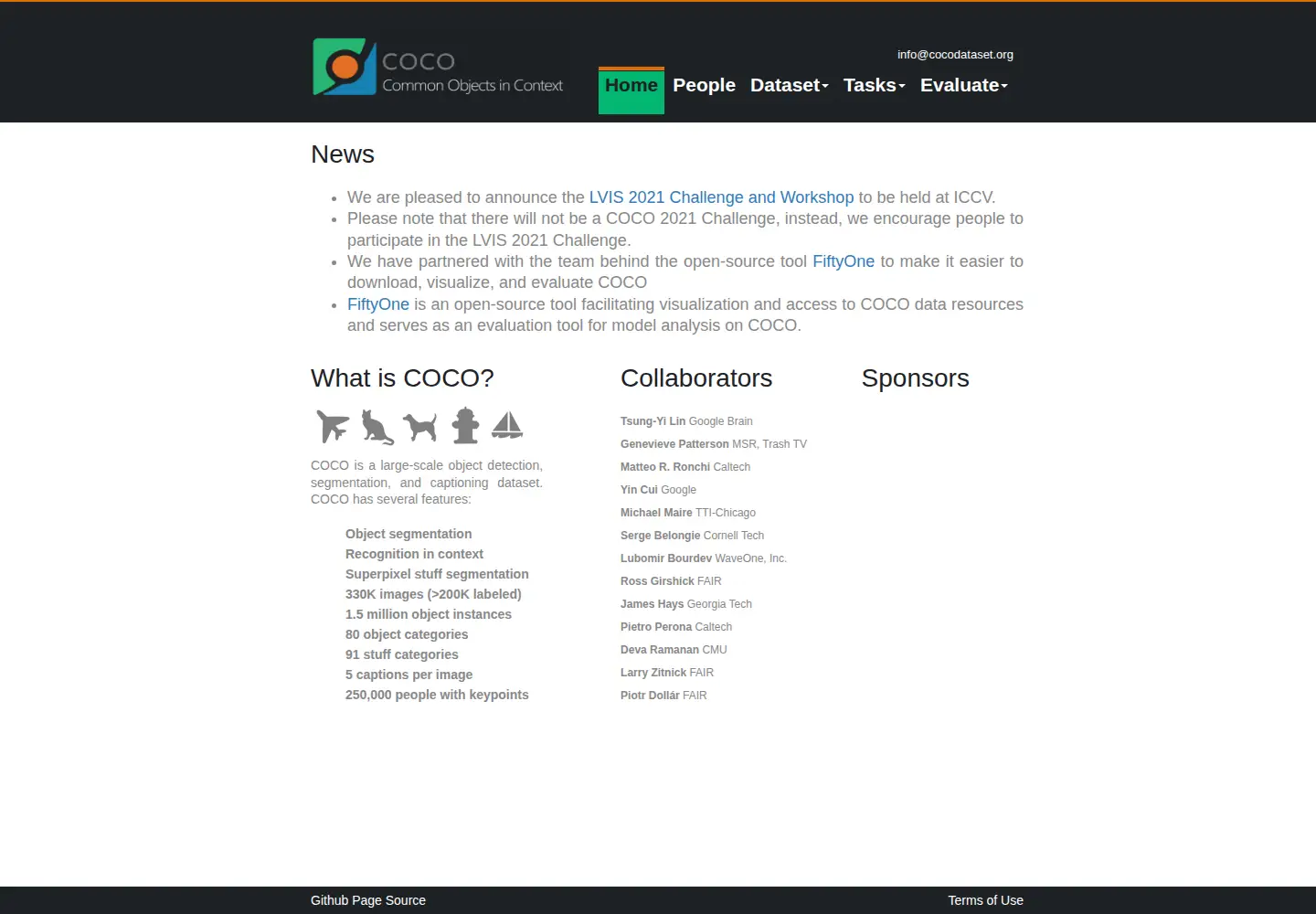 Captured homepage of cocodataset.org in the current scan