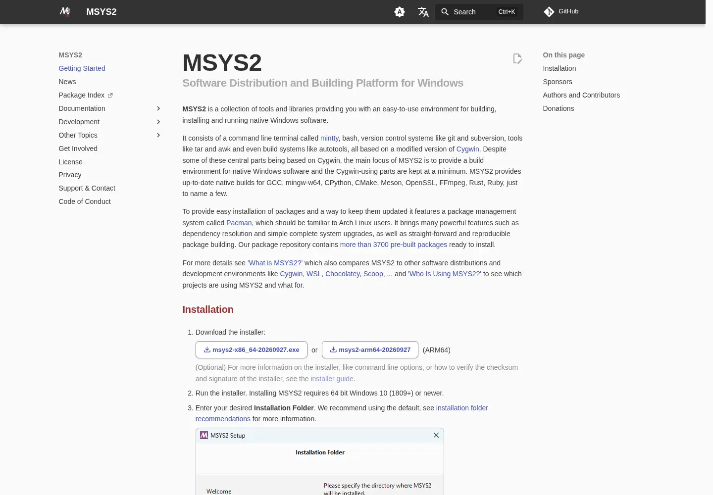 Screenshot of msys2.org