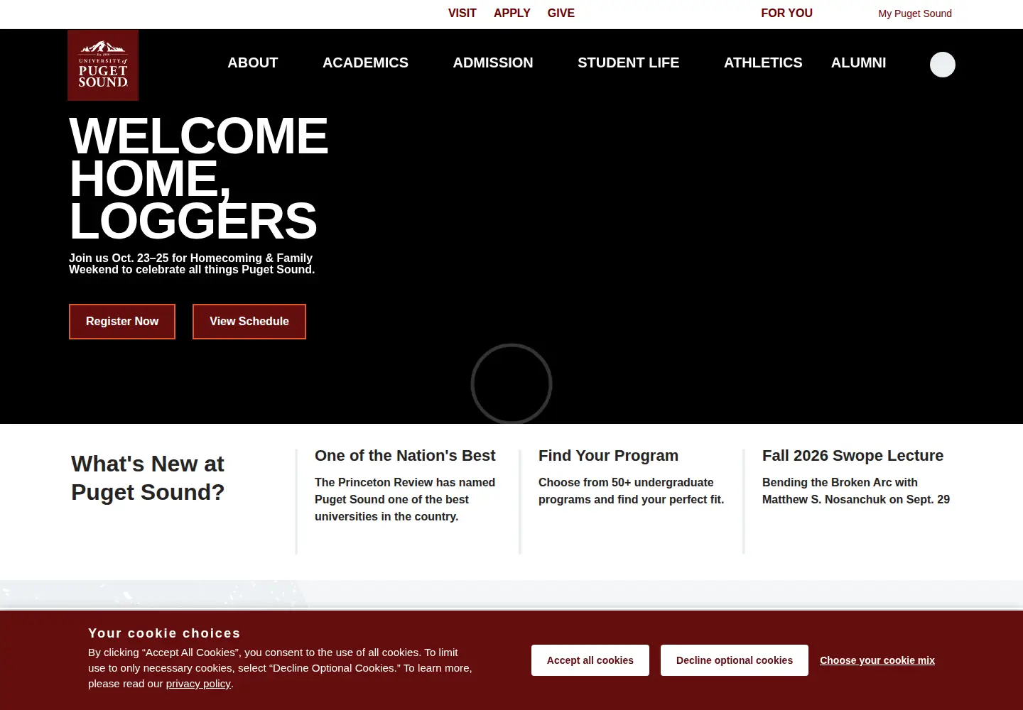 Screenshot of pugetsound.edu
