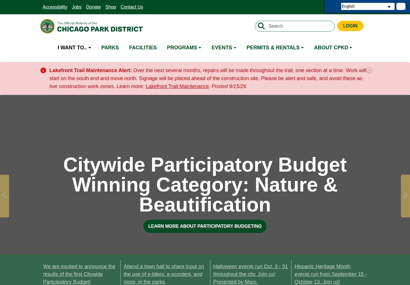 Screenshot of chicagoparkdistrict.com