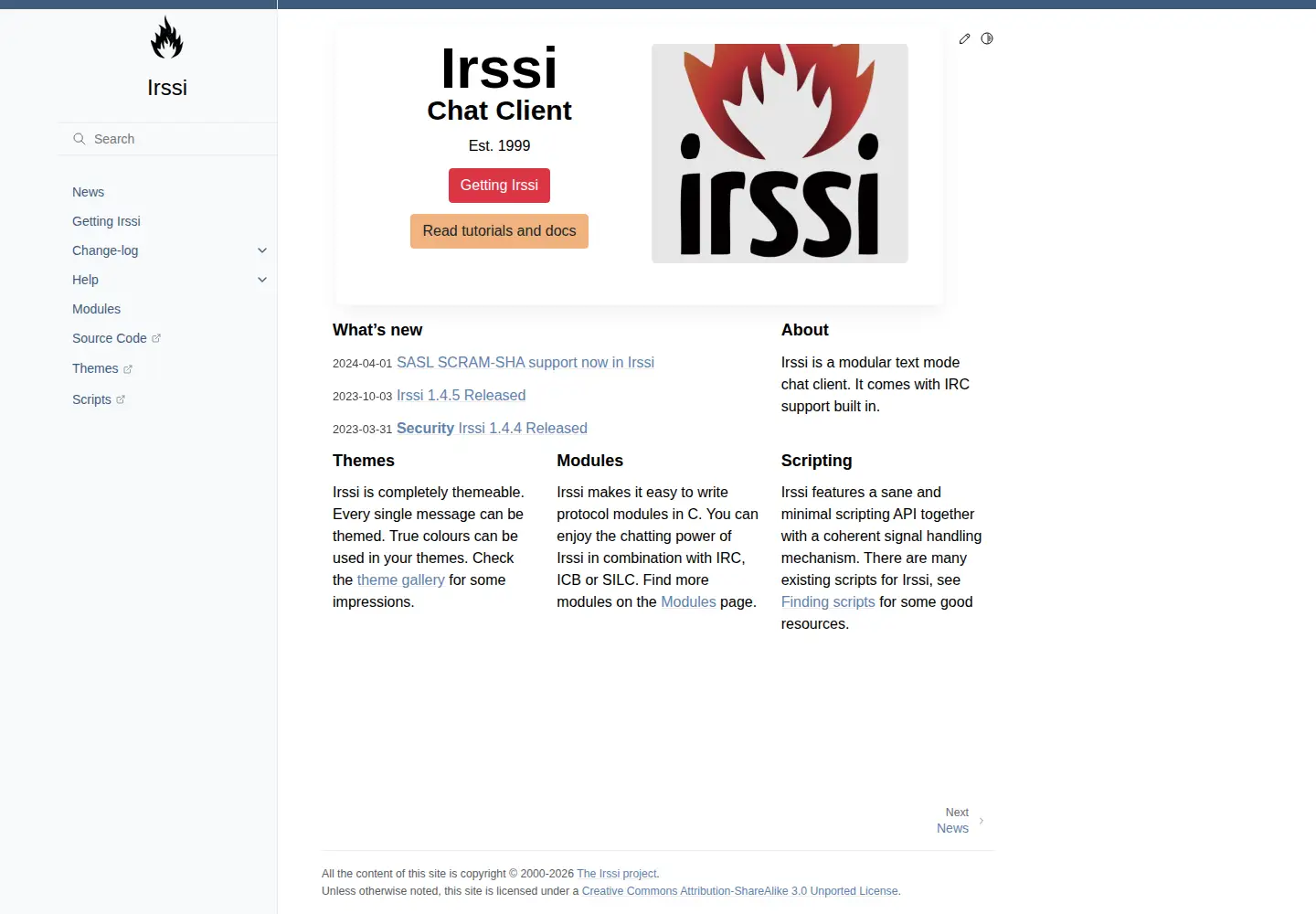 Screenshot of irssi.org