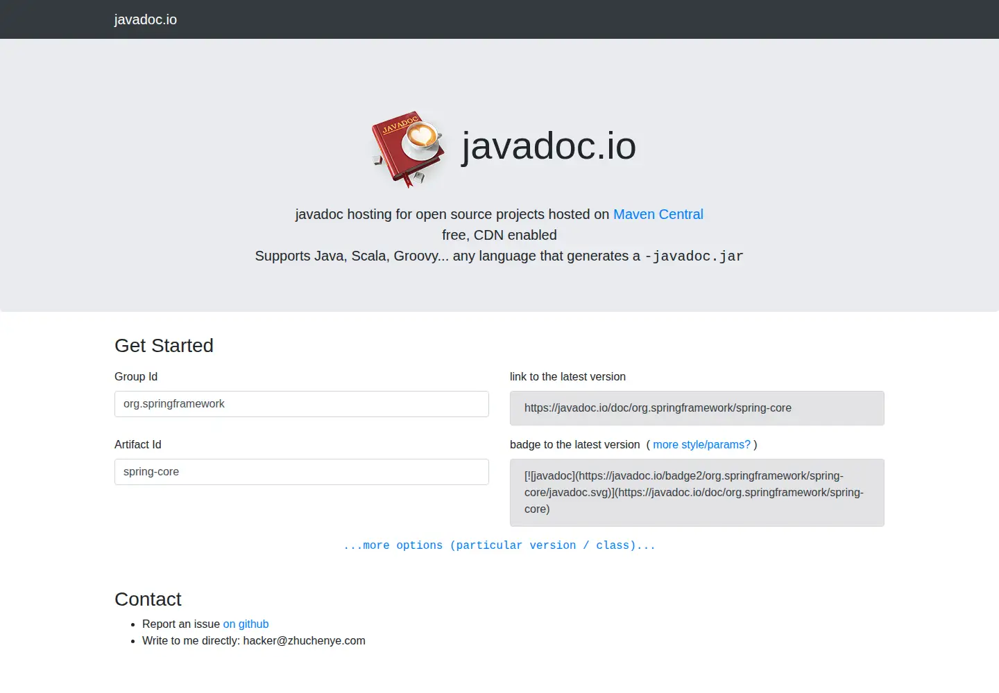 Screenshot of javadoc.io