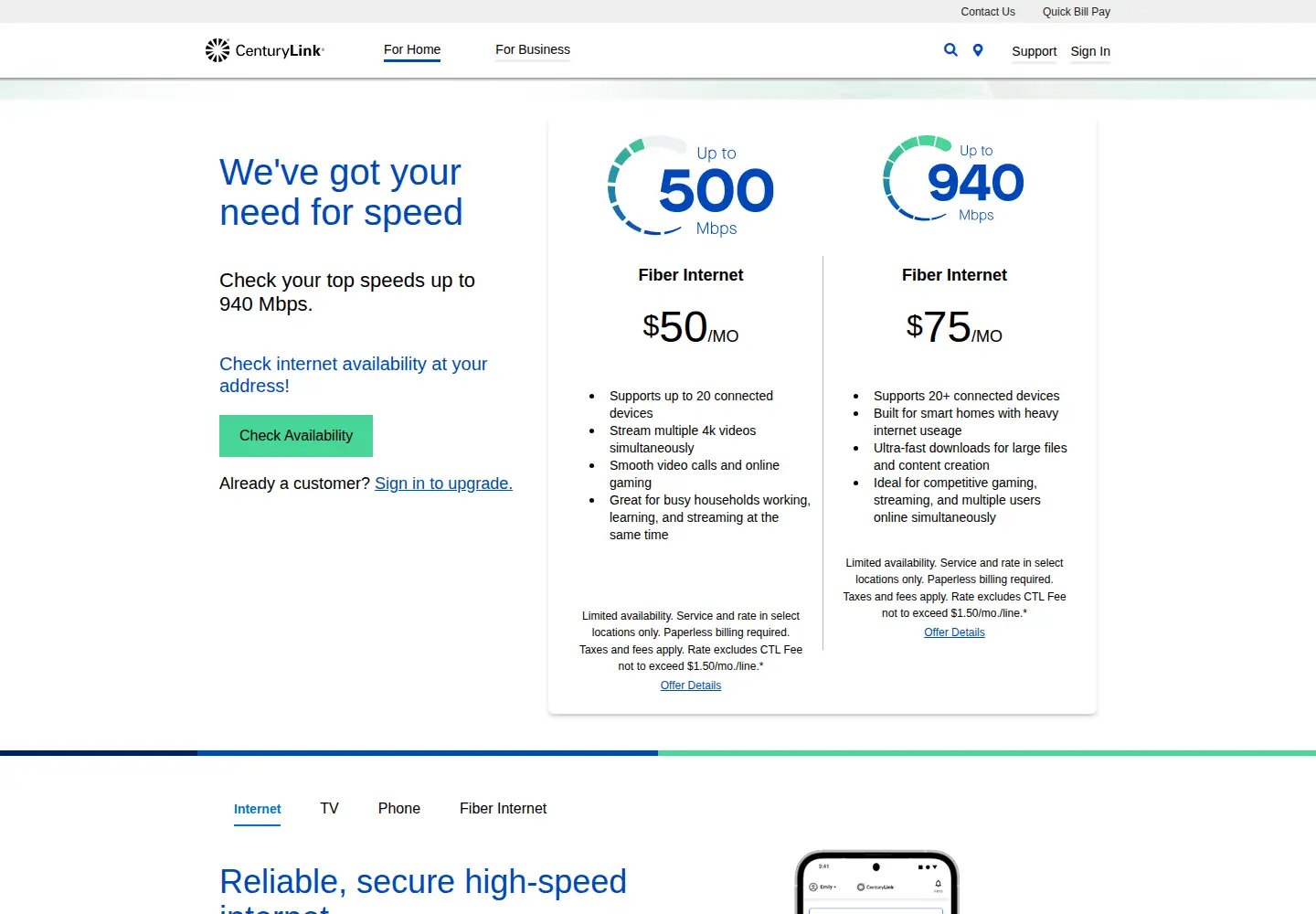 Screenshot of centurylink.com