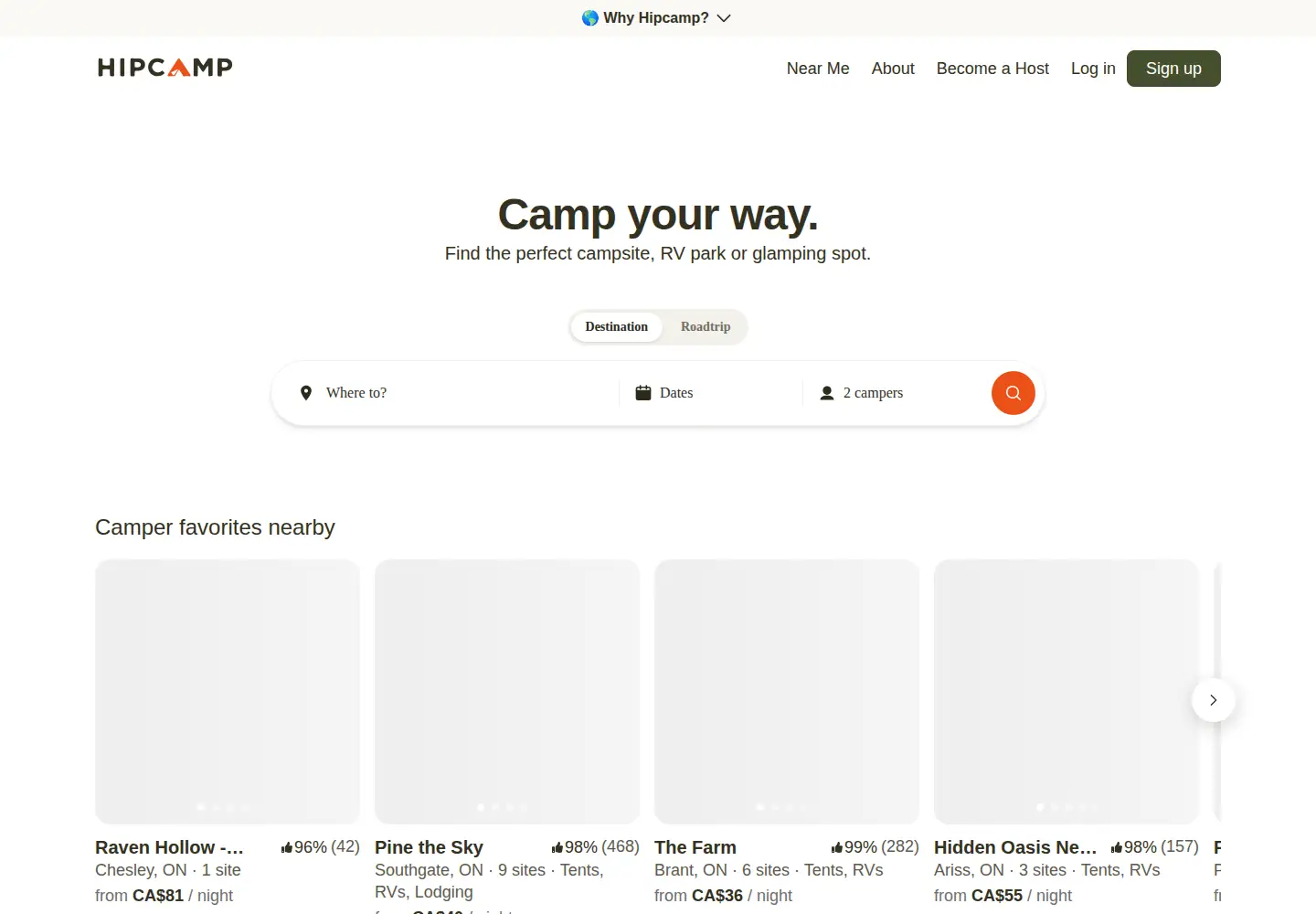 Screenshot of hipcamp.com