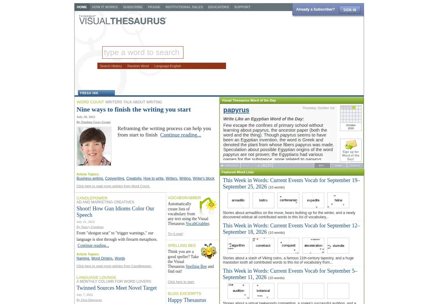 Captured homepage of visualthesaurus.com in the current scan