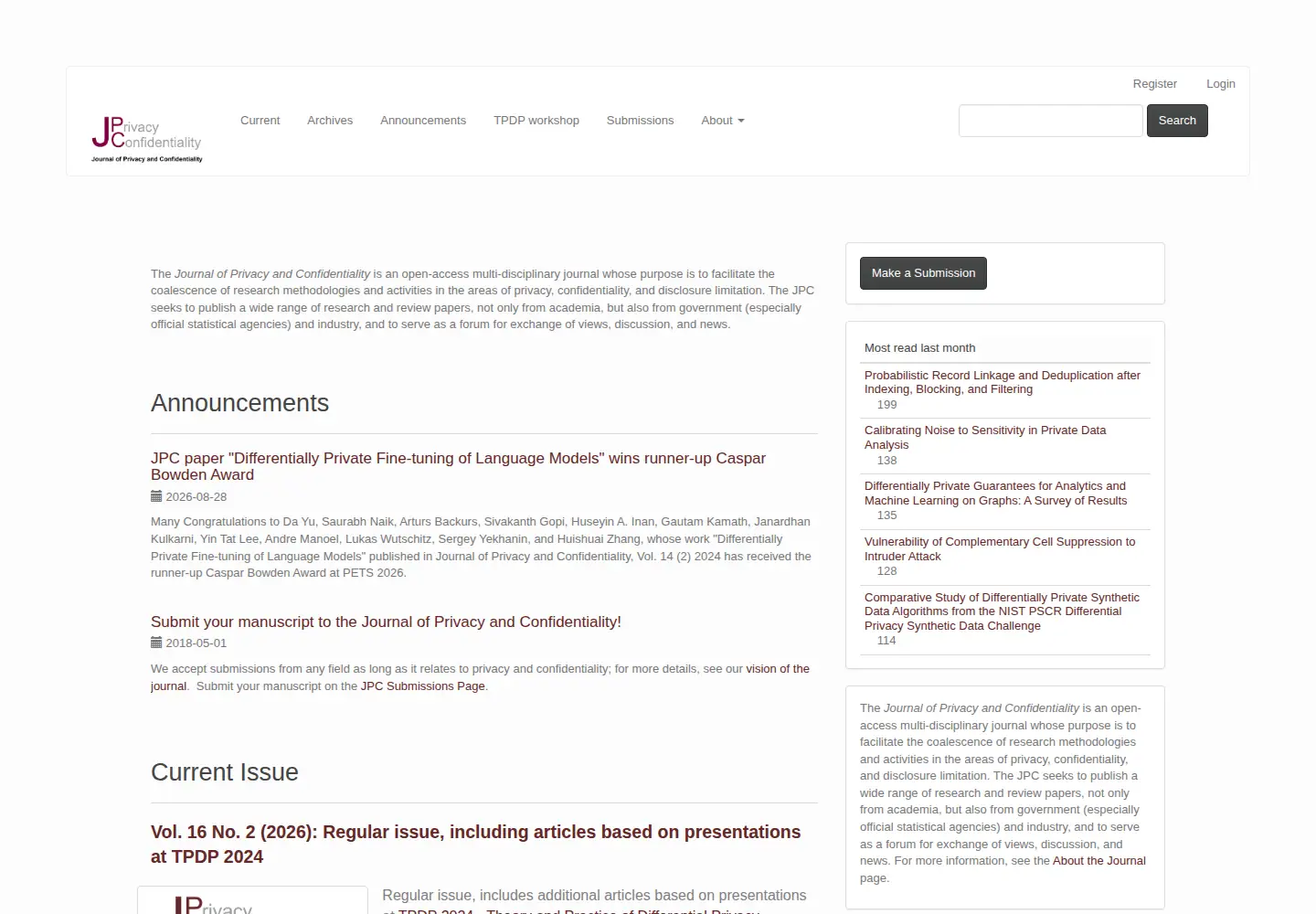 Screenshot of journalprivacyconfidentiality.org