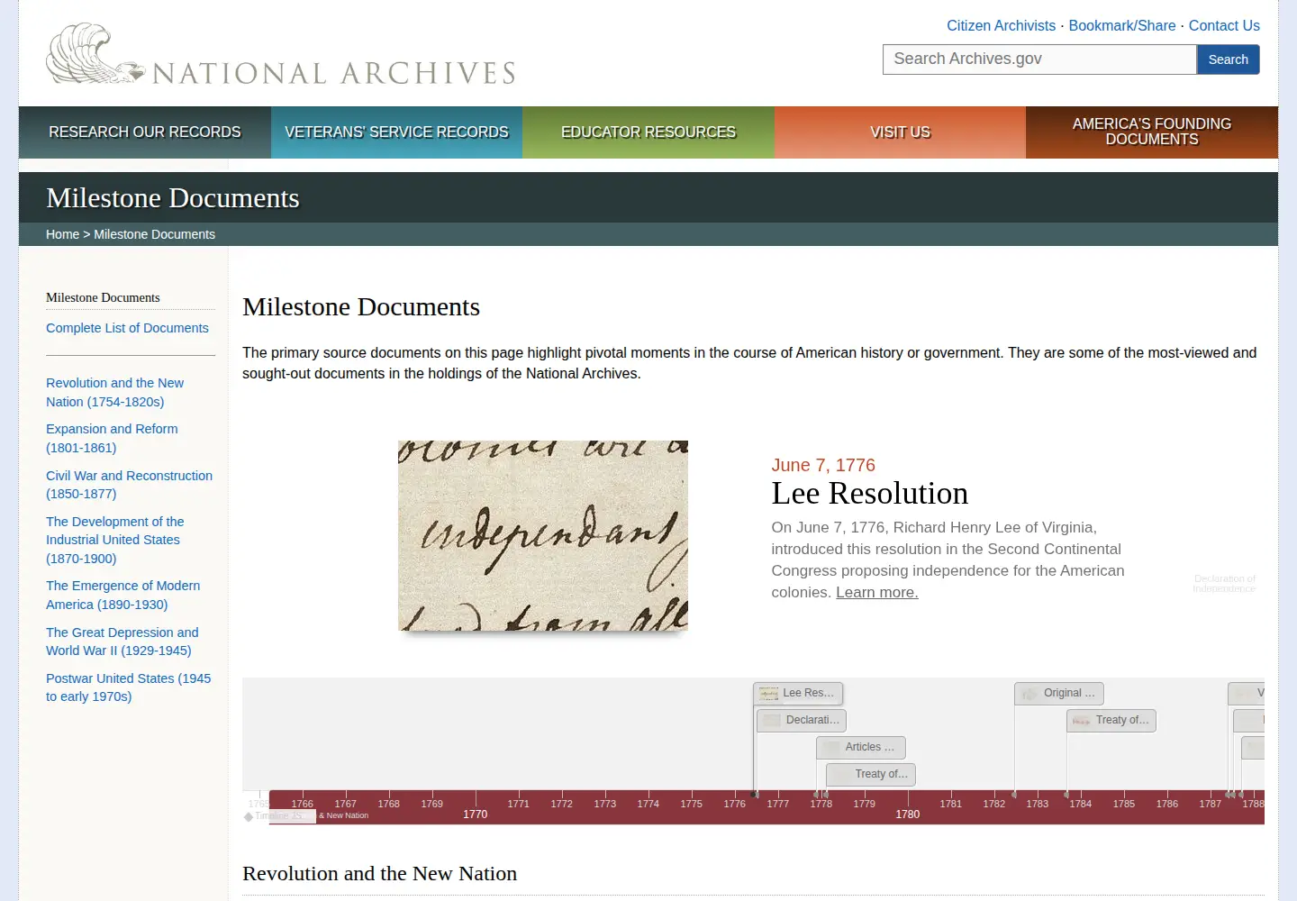 Screenshot of ourdocuments.gov