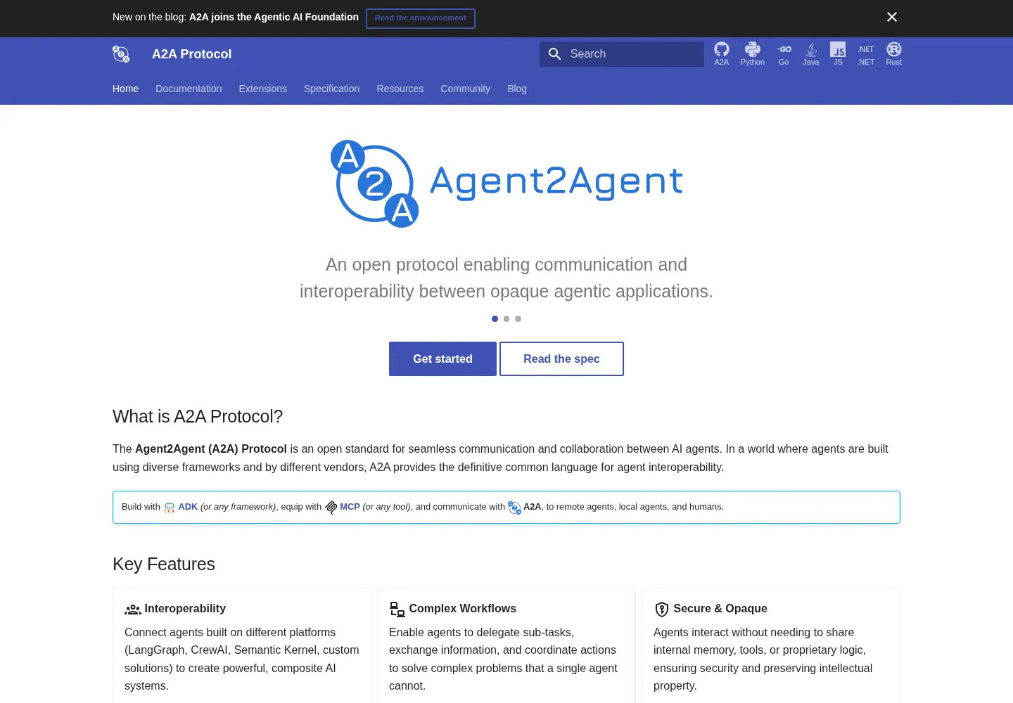 Screenshot of a2a-protocol.org