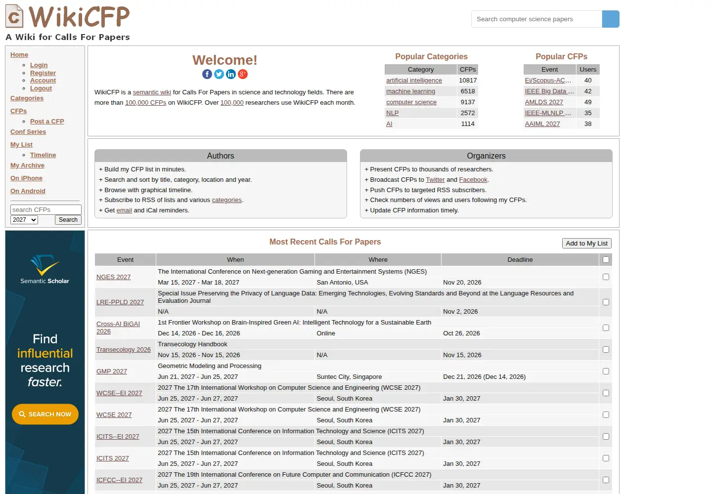 Screenshot of wikicfp.com