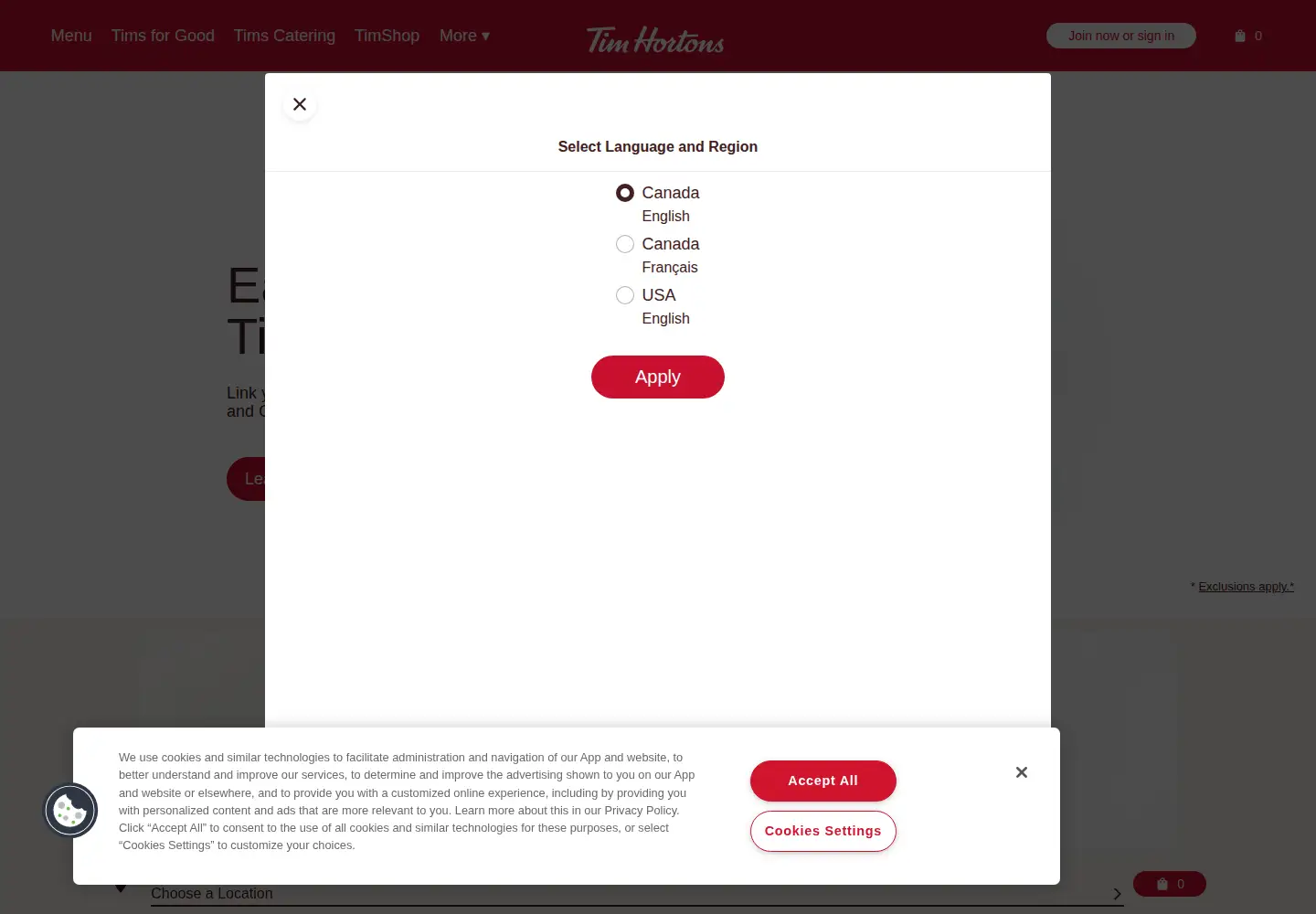 Screenshot of timhortons.ca