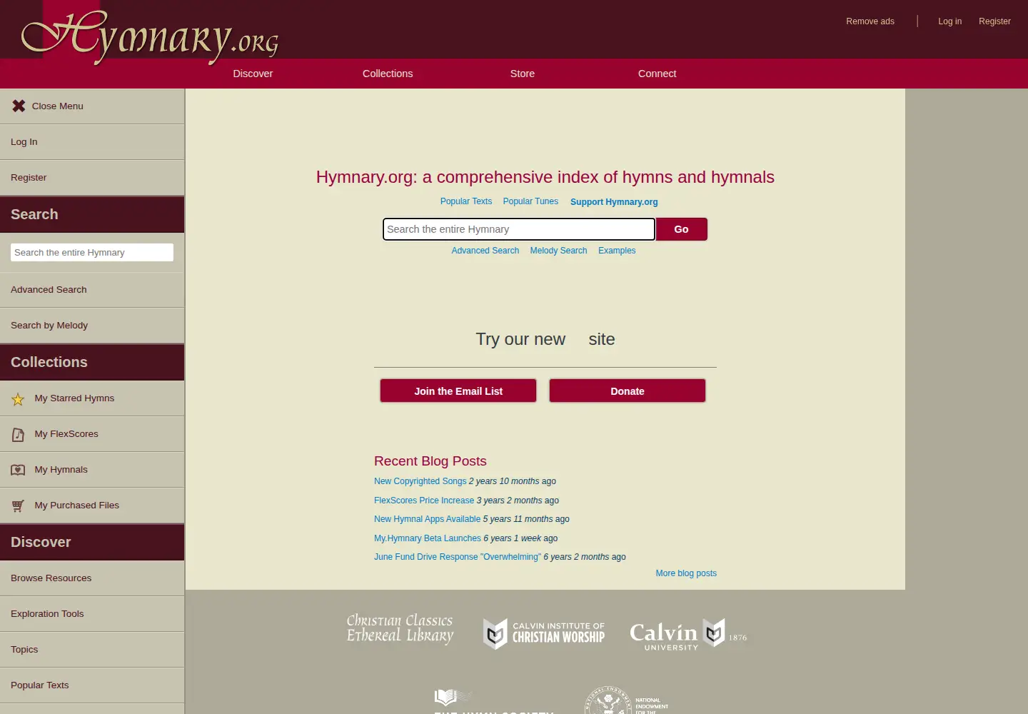 Screenshot of hymnary.org