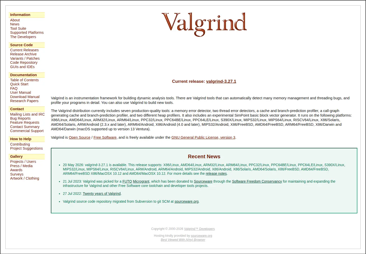 Screenshot of valgrind.org